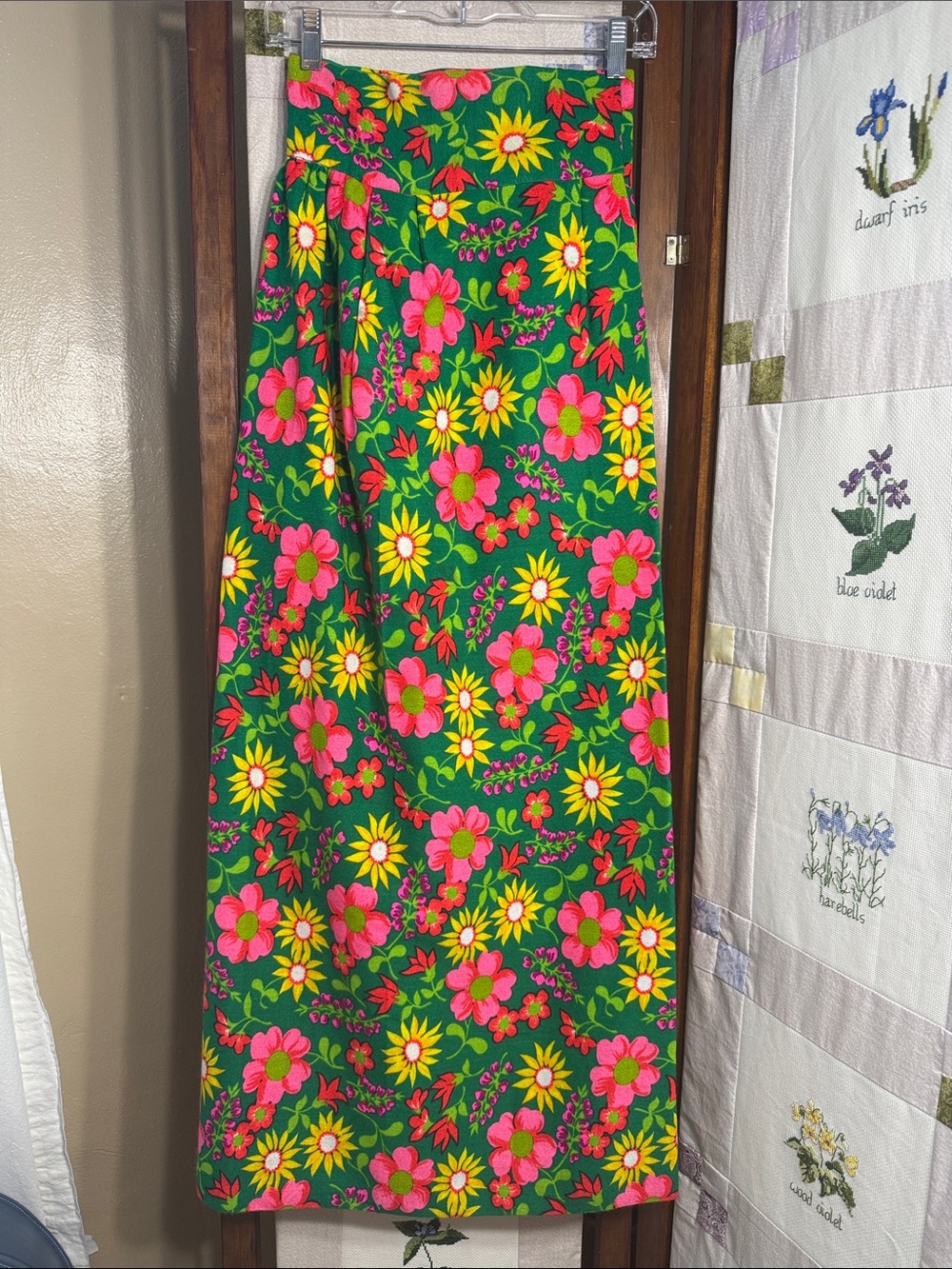 Vintage 1970s Handmade Floral Maxi Skirt Green Pink Psychedelic Flowers Lined XS